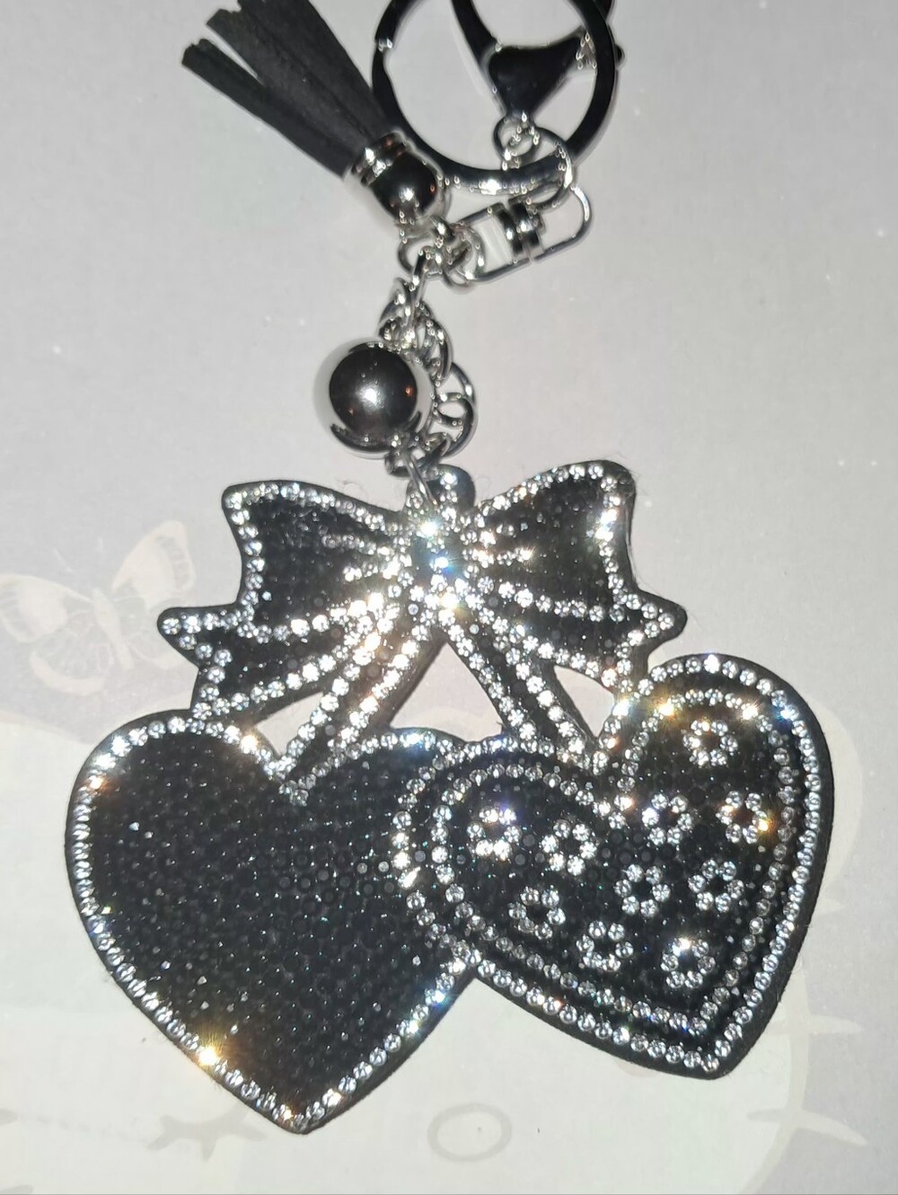 New! Double Heart Rhinestone Keychain With Tassel